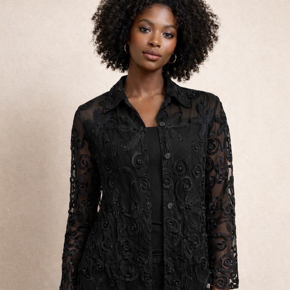 Parsley & Sage Embroidered Mesh Jacket Black Sheer Floral Button Front Medium